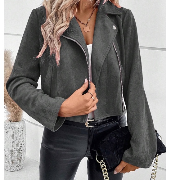 Luxe Zipper Vegan Suede Moto Biker Jacket - Picture 5 of 8